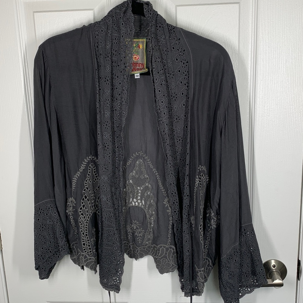 Johnny Was gray tie front shirt kimono embroidered top size medium - Picture 2 of 9
